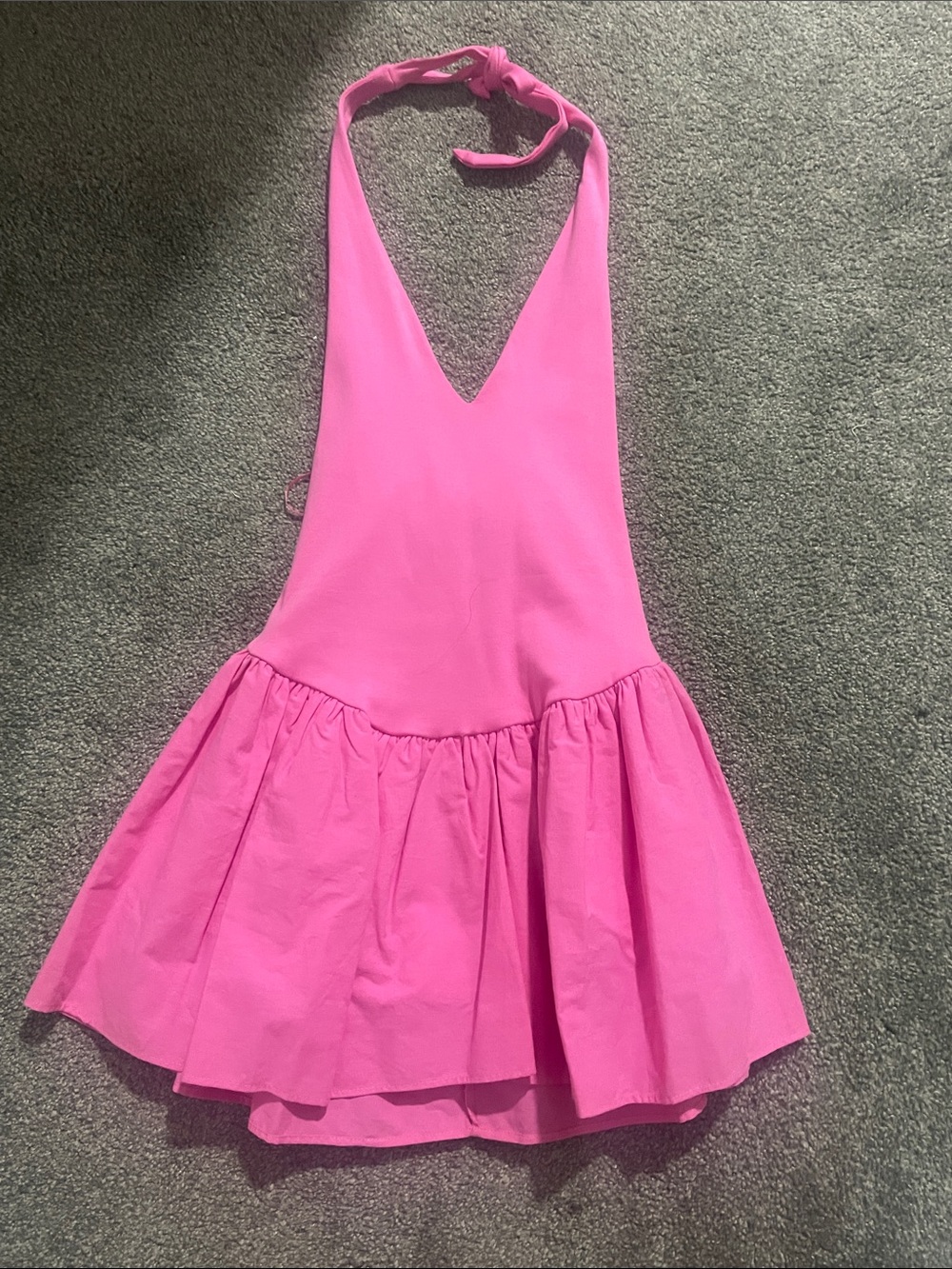 Zara Bright Pink Halter V-Neck Casual Dress with Gathered Skirt